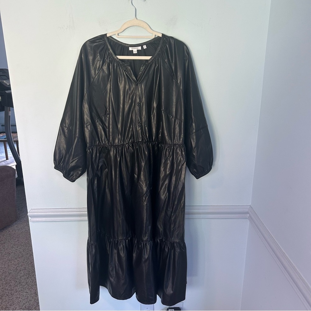 Chico’s Black Faux Leather Tiered MIDI 3/4 Sleeve Dress Size 16